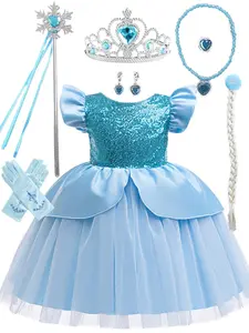 Girl's Glitter Sequin Colorblock Mesh Princess Dress with All Accessories, Elegant Gown for Birthday Party Wedding Holiday Performance, Kids Clothes for All Seasons