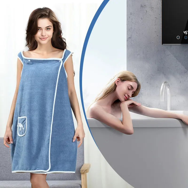 1pc Coral Velvet Women's Quick-Dry Towel Wrap with Straps - Water Absorbent, Blue Shower Skirt with White Logo and Functional Pocket Detail