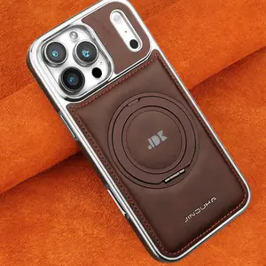 Magnetic 360° Rotating Stand Phone Case for iPhone17ProMax/16Pro/15Plus/14/13/12Pro High-end Real Leather Texture Business Full Shockproof Protective Cover for Men and Women
