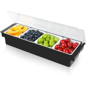 4 Compartment Bar Fruit Condiment Caddy With Lid Bar Garnish Tray for Bartenders Plastic Toppings Container for Fruits Ice Cream Salad