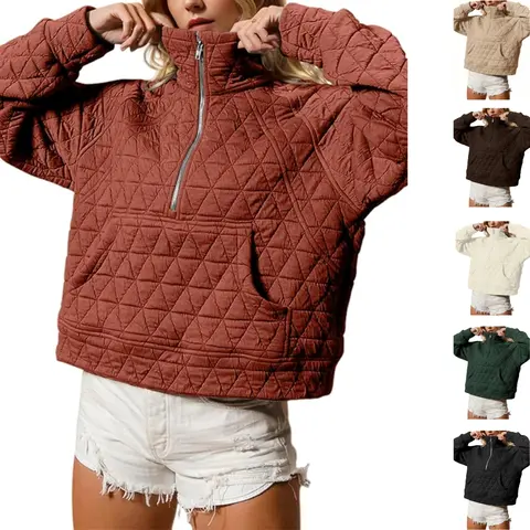 UANEO Women's Quilted Puffer Jacket Half-Zip Pullover Sweatshirt Long Sleeve Lightweight Fall Casual Oversize Warm Outerwear