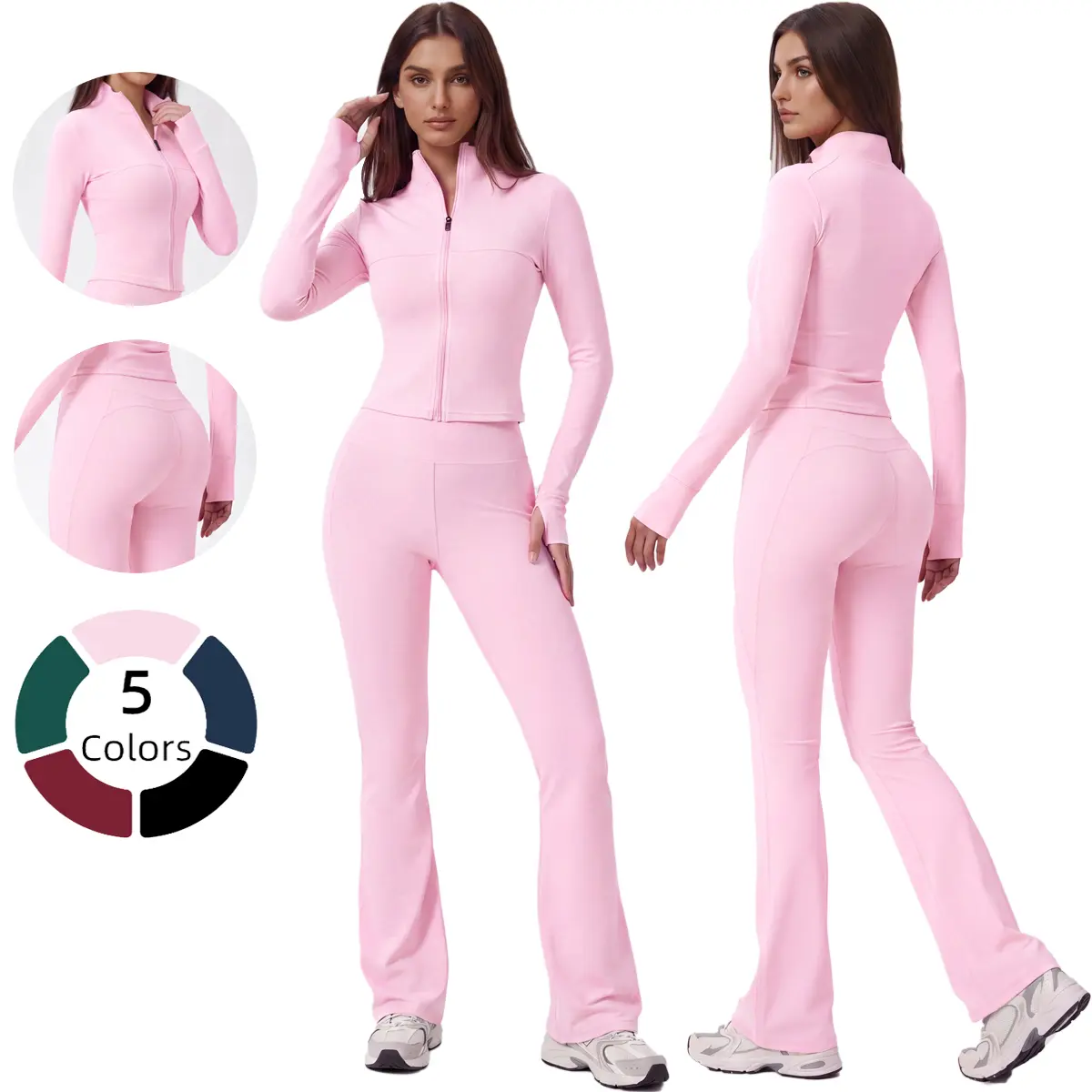 Women's 2-Piece Yoga Sportswear Set - High-Stretch Breathable Full-Sleeves Jacket, Flare Pants - Figure-Flattering Gym Activewear for Yoga Workout, Women's Clothes