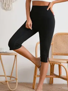 Solid Split Hem Capris Leggings - Black High Waist Minimalist Style Knitted Bottoms with Pockets for Women Spring Summer Wear