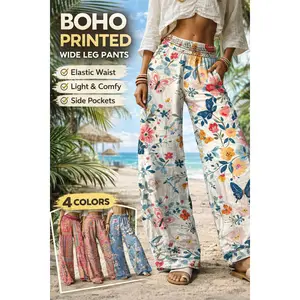 Women’s Boho Printed Wide Leg Pants – Elastic Waist Loose Straight Casual Summer Beach Pants with Pockets