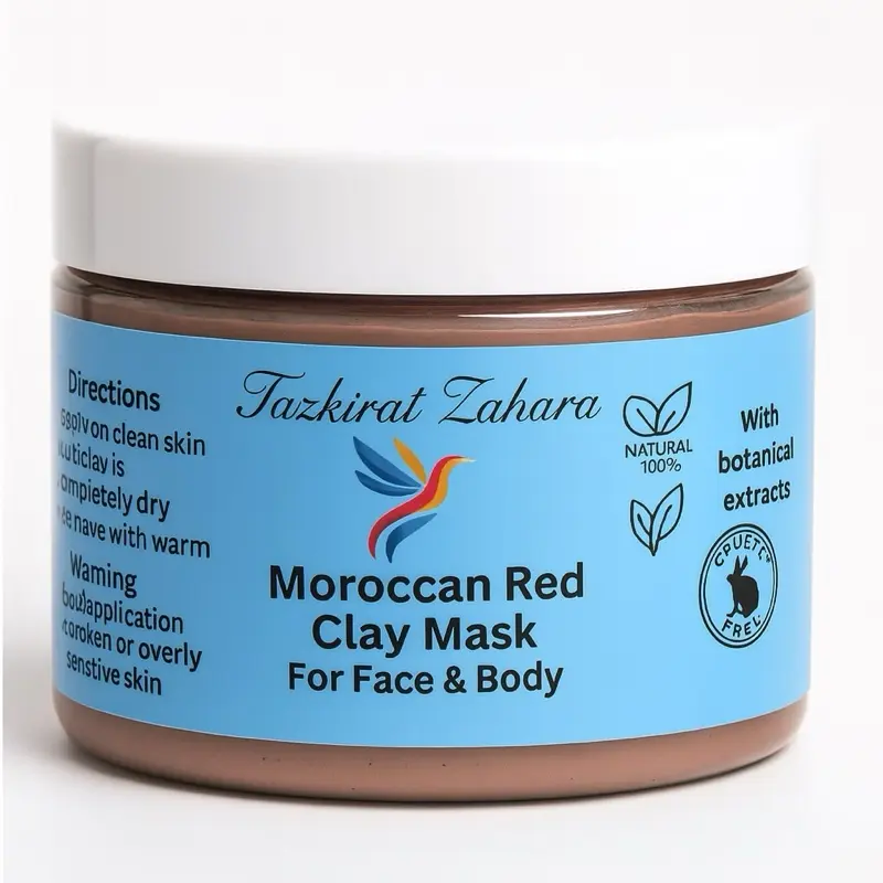Tazkirat Zahara Moroccan Red Clay Mask - Natural 100% with Botanical Extracts for Face & Body Care Flower Gentle Hydrating Moisturizing Jojoba Oat Sunflower Skin Repair Moisturize