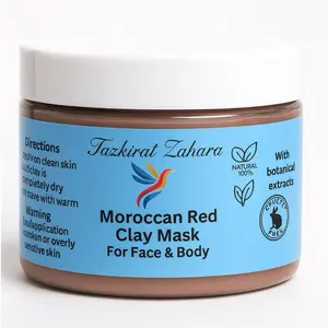 Tazkirat Zahara Moroccan Red Clay Mask - Natural 100% with Botanical Extracts for Face & Body Care Flower Gentle Hydrating Moisturizing Jojoba Oat Sunflower Skin Repair Moisturize