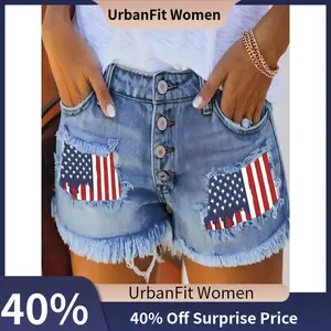 【UrbanFit Women】Women'S Denim Shorts with a Ripped Tassel Design Featuring a Printed Flag Patch for The 2025 Trend
