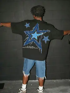 Unisex Vintage Acid-Wash Denim Star Print Loose T-Shirt, Drop Shoulder Design, Inspirational Quote, Y2K Aesthetic, Streetwear, Casual Short Sleeve
