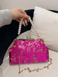 Floral Satin Handbag with Pearl Handle, Chain Crossbody Bag for Wedding/party/evening, Elegant Small Shoulder Bag, Crossbody Clutch