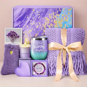 Lavender Self Care Gift Basket for Women - Soft Knitted Blanket, Insulated Tumbler, Lavender Candle, Bath Bomb, Bracelet, Fuzzy Socks, Greeting Card - Perfect for Birthday, Christmas, Valentine's Day, Get Well Soon, Spa, Care Package