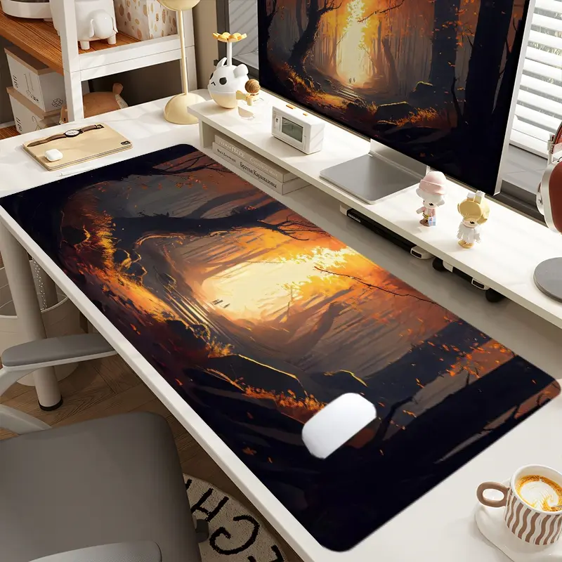 1pc Extra Large Autumn Forest Scene Mouse Pad Warm Desk Pad,Computer Keyboard Mousepad with Non - Slip Rubber Base Durable Stitched Edge Perfect Gift for Home and Office, Desk Accessories