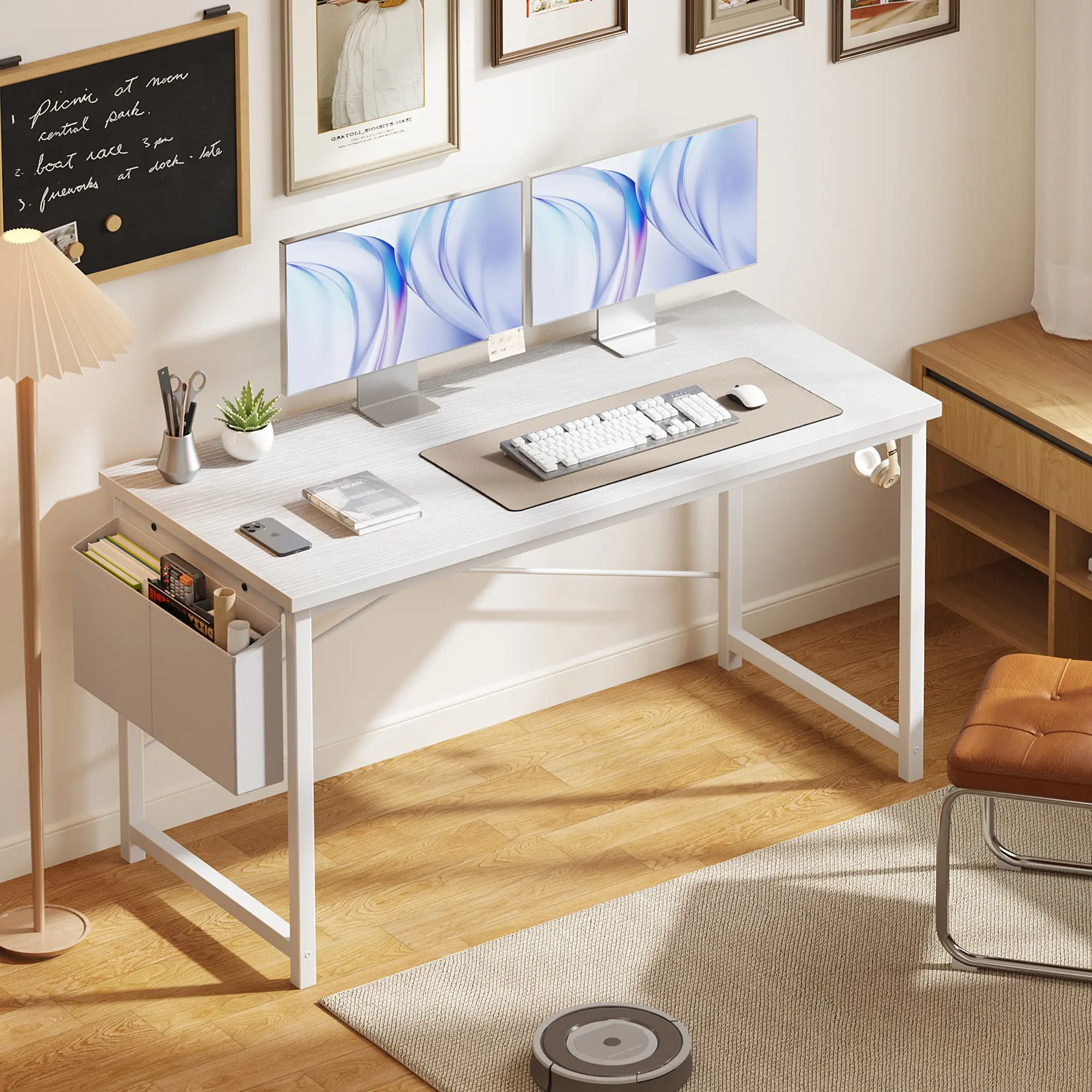 Writing Computer Desk with Reversible Side Storage Bag, X-Shaped Stable Metal Frame Office Study Table, 198 LBS Weight Capacity Simple Work Desk for Bedroom Home Office