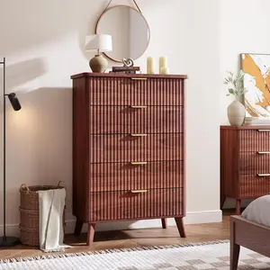 【Christmas Gift】Fluted Dresser for Bedroom with 5 Deep Drawers 47in Tall Chest of Drawers with Faux Marble Top Curved Profile Design Modern Wooden Dresser for Living Room Kids Room Hallway-Walnut