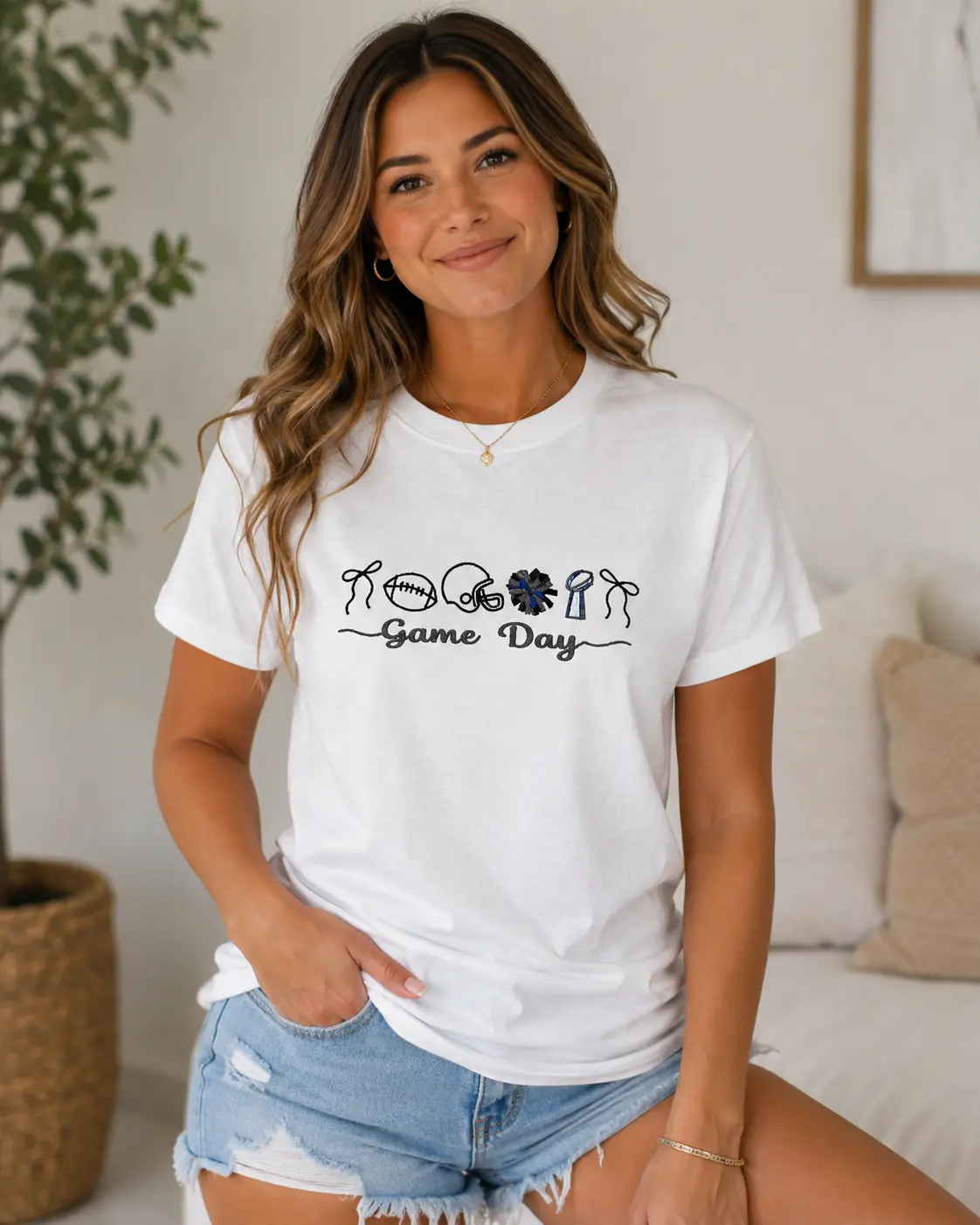 Women's High-Quality Cotton Round Neck Short Sleeve Tshirt - Football Game Day Embroidery, Cozy Unisex Fit, Classic Icons, Soft Comfort for Tailgates, Cheering, Party Outfits, Crewneck Pullover Top