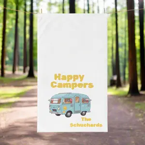 Personalized Happy Campers Hand Towel, Custom Family Name RV Towel, Vintage Camper Kitchen Towel, Camping Decor Gift, Cotton Lightweight Smooth Shower
