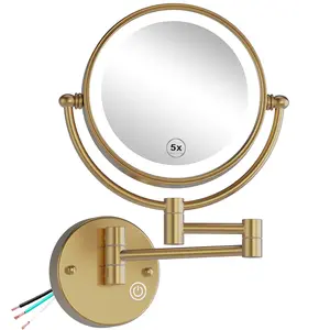 RECKODOR Brass Wall Mounted Makeup Mirror with Lights and Magnification, 3 Color LED, Touch Dimmable, Double-sided 1X and  5X Magnifying Mirror Wall Mount for Bathroom, Hardwired, Brushed Modern Brass