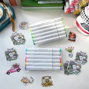 Bianyo 12-Pack Assorted Color Alcohol Brush Markers with Brush & Fine or Chisel Tips, Smooth Ink, No Streaking, Includes 2 Bianyo Stickers + 10 Easter Stickers Coloring Supplies Art Supplies