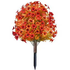 Fall Artificial Mums Topiary Ball Tree with Ground Spike Boxwood 25" UV Resistant Fake Greenery Shrub Faux Violet Plant Fall Decorations Flower for Garden Yard Porch Patio Autumn Outdoor Decor