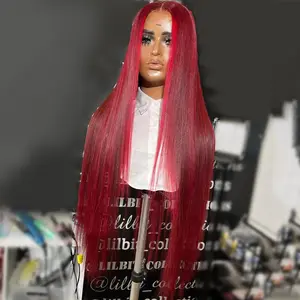 200 Density Ombre Red and 99j Straight Human Hair Wig 13X6 Transparent Lace Frontal Wig Highlight Red and Burgundy Colored Lace Frontal Human Hair Wigs Pre Plucked for Women