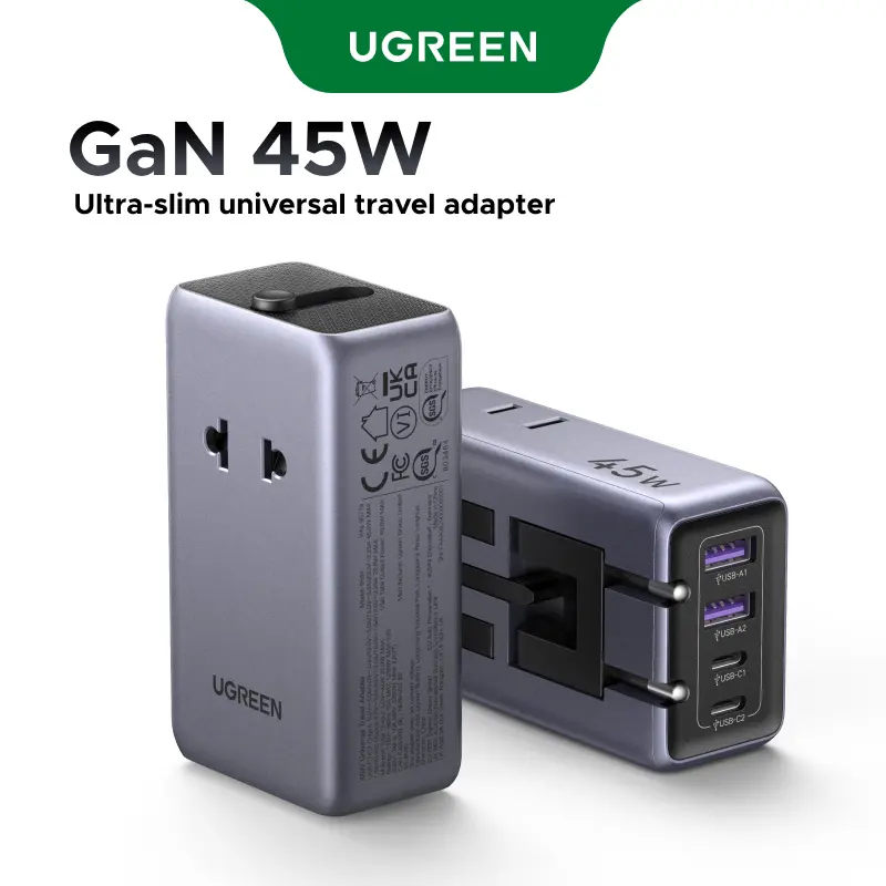UGREEN 45W 6-Port Universal Travel Plug Adapter Worldwide | 6-Port (2USB-C, 2USB-A, 2AC), International Power Adapter for 200+ Countries, Travel Essentials