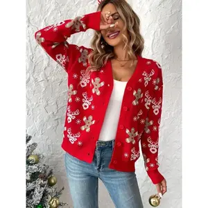 Women’s Christmas-themed button-up cardigan, elegant long-sleeved V-neck cardigan for autumn and winter, women’s knitted everyday wear GARMENTARY