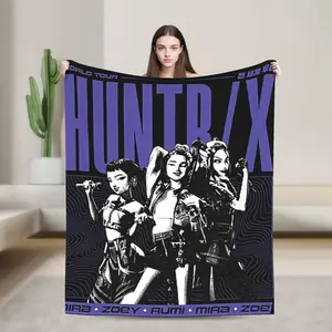 Black Kpop Demon Hunters Travel Blanket Huntrix and Saja Boys, Purple Kids Adults Plush Throw Blanket – Ultra Soft Cozy Plush Fleece for Bed, Couch, Sofa, Home Decor