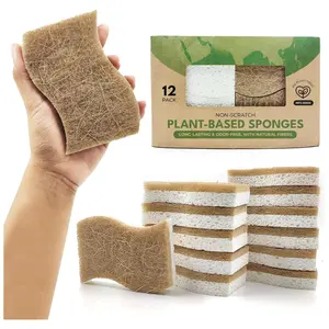 Kitchen Sponges (12 Pack) - Biodegradable Cellulose & Coconut Scrubber Dish Sponges for Kitchen - Eco-Friendly, Non Scratch, Compostable, Non Toxic S-Shaped Natural Sponges for Dishes