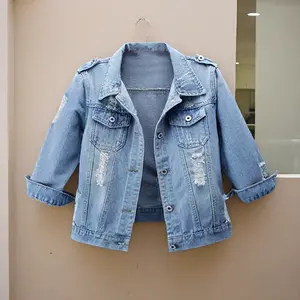 Women’s 3/4 Sleeve Washed Denim Jackets Distressed Light Cropped Jean Jackets Coats Casual Womenswear