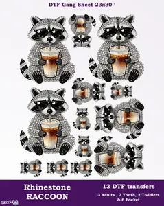 Faux Rhinestone Summer Raccoon DTF Gang Sheet Designs Transfer