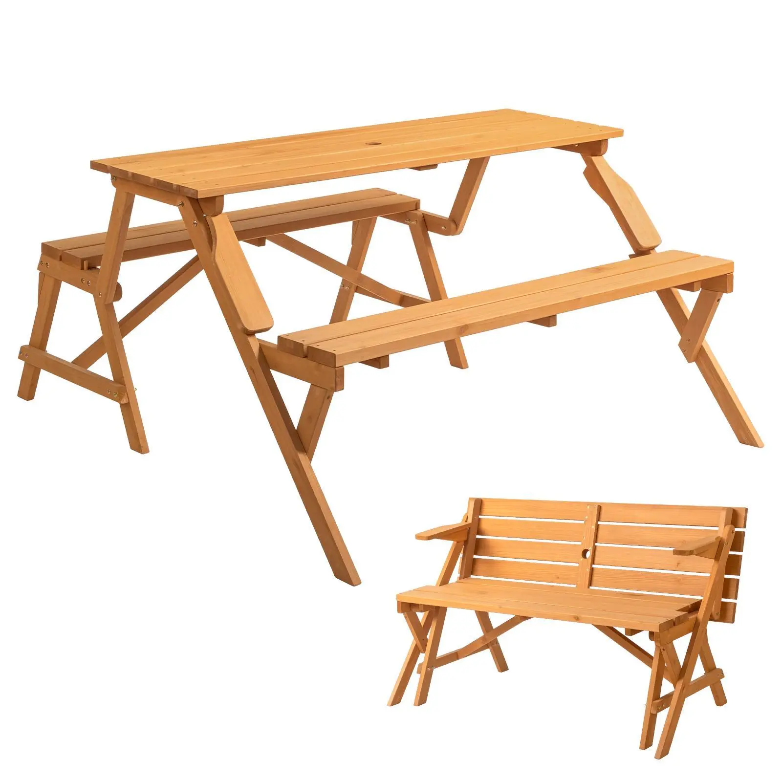 Karlhome 2-in-1 Outdoor Wooden Picnic Table and Bench Set with Umbrella Hole – Convertible Design for Garden, Patio, Porch, Deck – Natural Wood