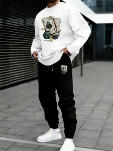 Men's Casual Set, Fitted Soft Long Sleeve Round Neck T-Shirt + Comfortable Knit Pants 2 Piece Set, Poker Print Design, Fall & Winter Wear
