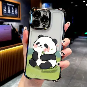 Adorable Cartoon Green Grassland Black and White Panda Pattern Mobile Phone Case for iPhone 16 15 14 13 12 11 Pro Max X XR XSMAX 8 29 Plus Anti-Fall Transparent Soft Back Cover