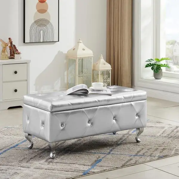 [Bellemave]Upholstered Storage Ottoman Bench For Bedroom End Of Bed Faux Leather Rectangular Storage Benches Footrest With Crystal Buttons For Living