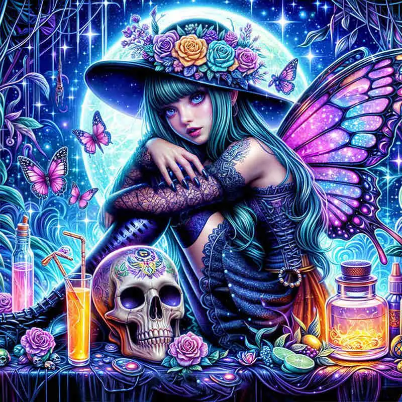 5D Full Drill Diamond Painting Kit, Diamond Pattern Design - Gothic Fairy with Skull & Potions in Moonlit Forest, Round Acrylic Diamonds, DIY Art for Home Wall Decor, Ideal Gift for Dark Fantasy & Craft Enthusiasts, Artwork