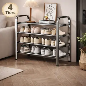 4-Tier Stainless steel Shoe Rack - 100% Stainless Steel | 4 Rods Per Tier | Stable Feet | Multi-Functional Metal Shelf for Closet, Stair Sides, Entryway, Heavy Duty (Silver)
