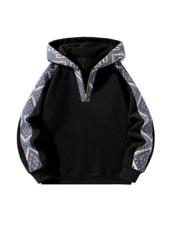 Thick Knit Men's Half-Zip Hoodie with Patchwork Contrast Color Design - Retro Ethnic Style, Fitted Silhouette, Warm & Cozy for Fall Outfits