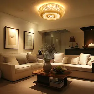 Round Bamboo Woven Ceiling Light, Modern Natural Bedroom Lights, Eco-Friendly Handmade LED Ceiling Lamp for Living Room, Bedroom, Kitchen, Hallway