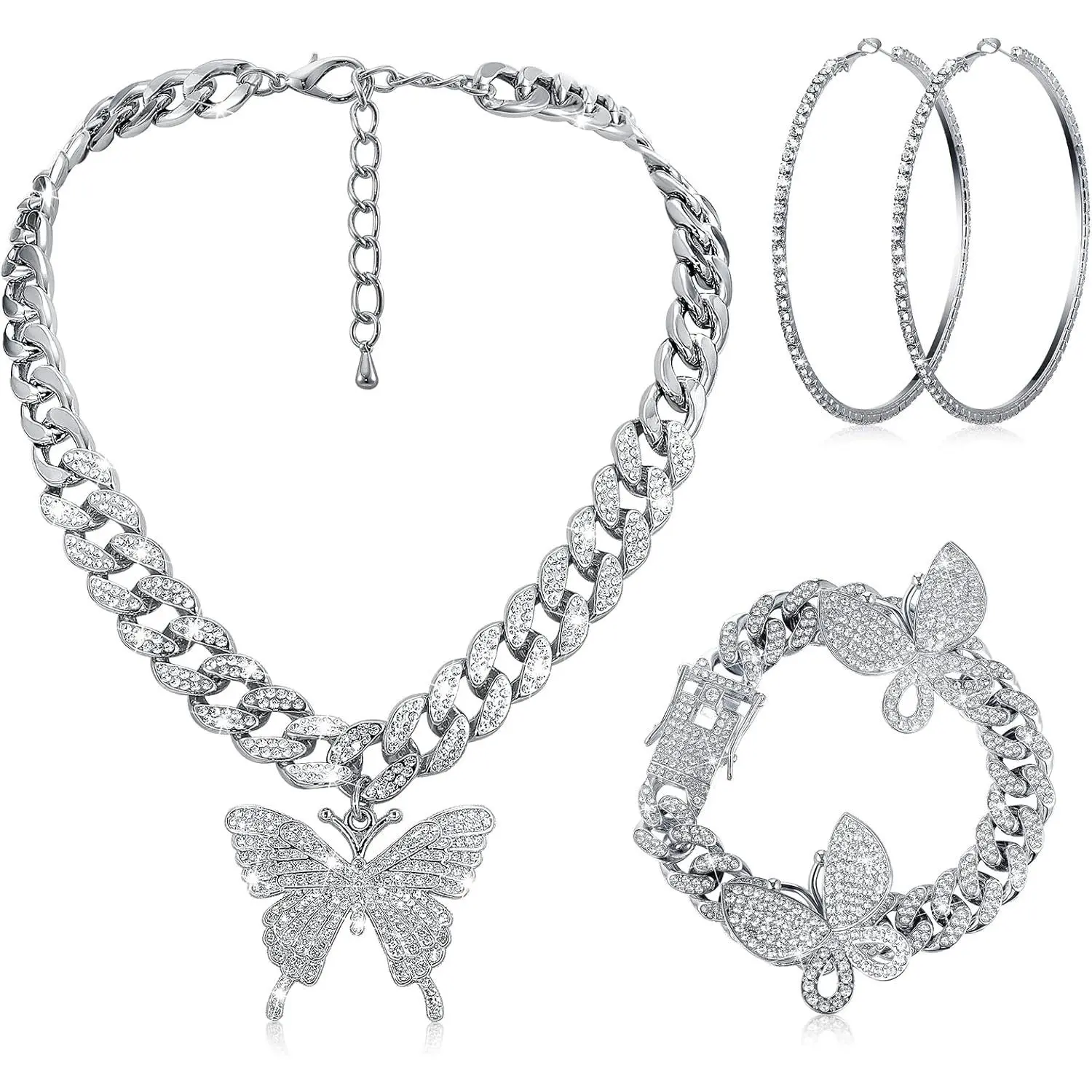 3 Pieces Butterfly Cuban Jewelry Set Cuban Link Chain Necklace for Women Rhinestone Butterfly Pendant Necklace Rhinestone Butterfly Bracelet Large Hoop Earrings Bling Earrings