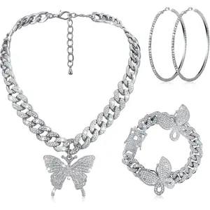 3 Pieces Butterfly Cuban Jewelry Set Cuban Link Chain Necklace for Women Rhinestone Butterfly Pendant Necklace Rhinestone Butterfly Bracelet Large Hoop Earrings Bling Earrings