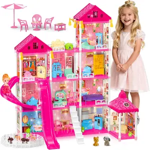 4-Story Doll House Large DIY Playhouse for Girls, Little Girl Dream House with Furniture, Animals Play Area & 2 Princesses Slide, Creative Construction Toy for Birthdays & Christmas Love Room Building Blocks Kit