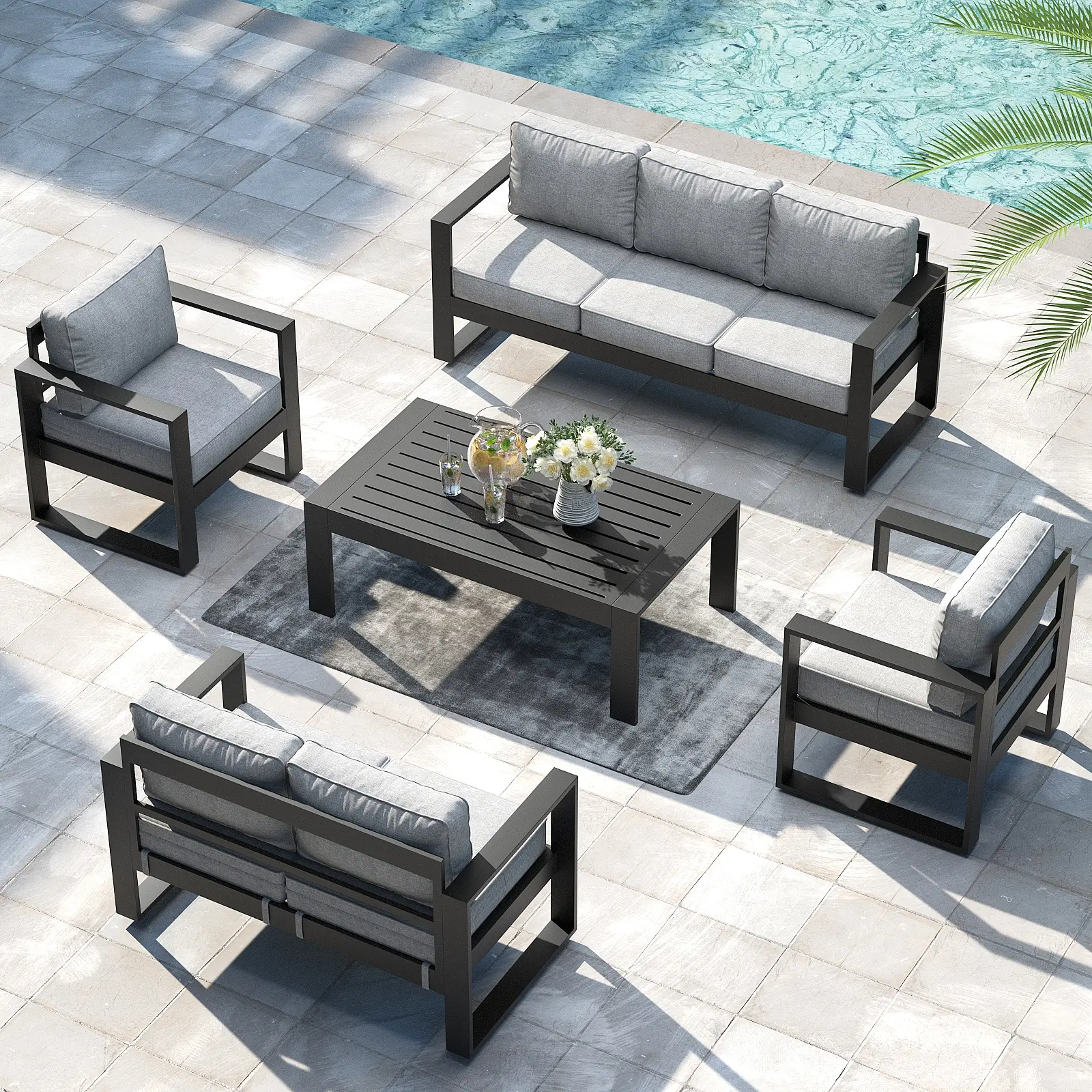 【3/4 Packages Shipping】LayinSun Aluminum Outdoor Patio Furniture Set, Metal Modern Conversation Sofa Set with Coffee Table and Washable Thick Cushions for Porch, Backyard, Deck