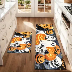 2Pcs Halloween BOO! Ghost Black Cat Terrifying Pumpkin Skull Dead Branch Spider Web Floor Mat Set Farmhouse Kitchen Carpet Restaurant Floor Laundry Room Decor Carpet Mat