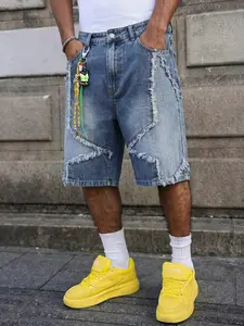 Men's Star Frayed Patchwork Denim Jeans Shorts, Light Blue Washed Summer Loose High Street Casual Post-Apocalyptic Style, Daily Wear Men's Pants