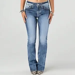 Embroidered flared jeans with an elastic waistband and pockets, suitable for women—fashionable and comfortable denim that creates a slim-fit casual look