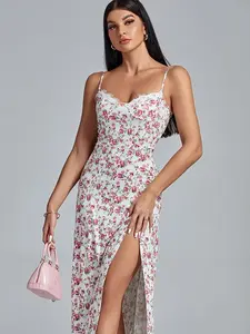 Really Nice Floral printed Halter Slit Dress Casual Womenswear Women Lady Summer Casual Wear Fabric Polyester