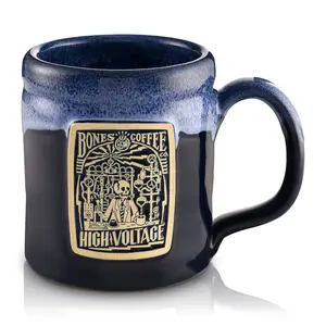 Bones Coffee Company | High Voltage Handthrown Ceramic Coffee Mug Black Blue 14oz Dishwasher Safe