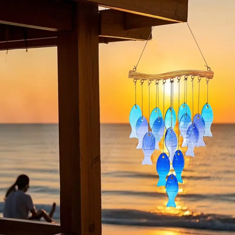 Handmade Blue Glass Fish Wind Chime, Large Outdoor Indoor Hanging Decor, Vibrant Spherical Fish, Perfect for Gardens, Patios, Parties