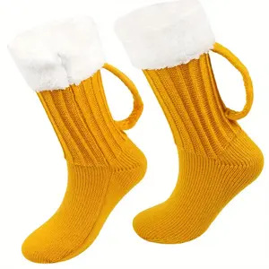 1 Pair of Bright Yellow Beer Socks - Mid-Calf Warm with Loop Easy-Off Design, Holiday Party Outfit, Christmas New Year's Eve, Bar Patrol Fun Gift, Beer Enthusiast Exclusive Funny Creative Socks, Holiday Costume Accessories