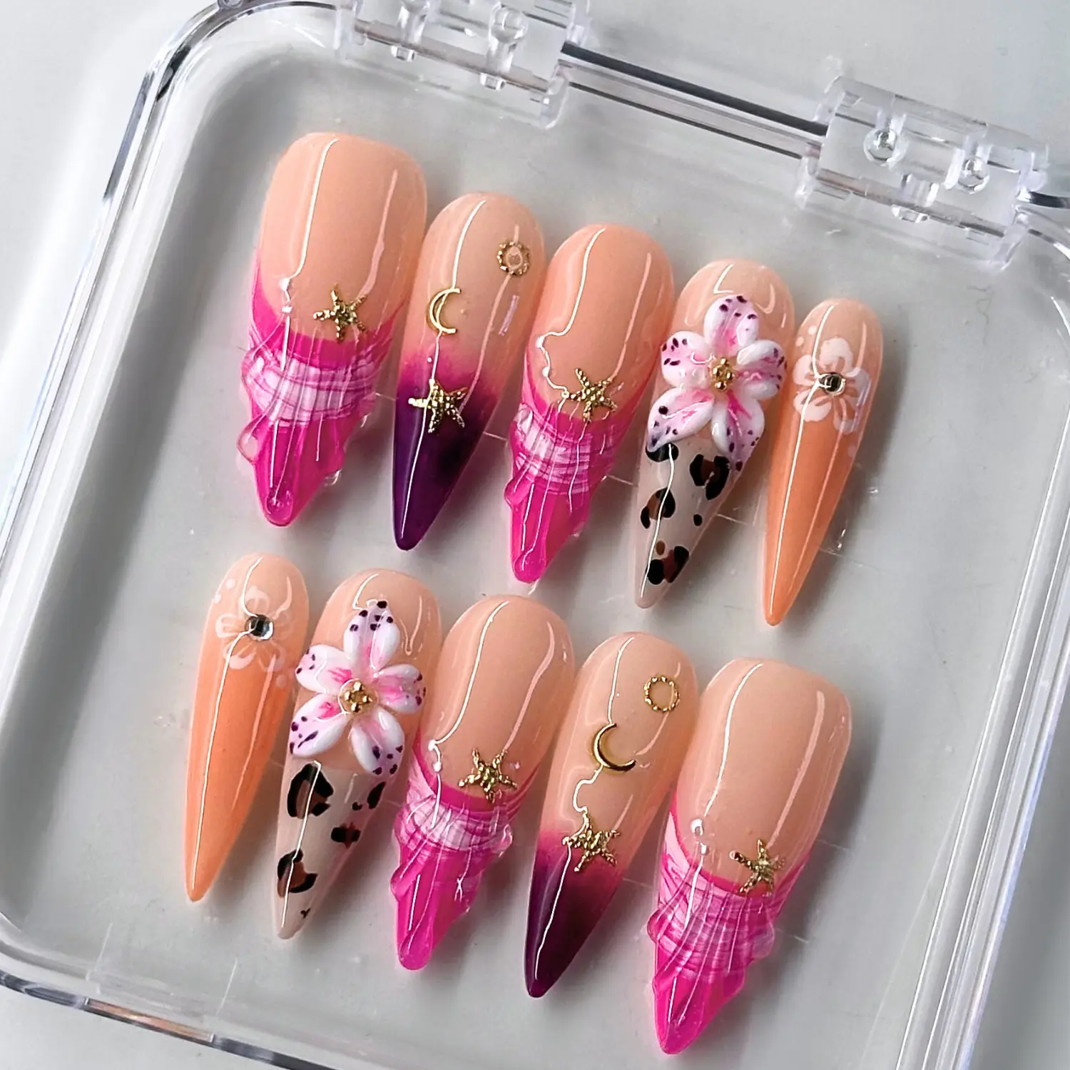 NailPhoria CORAL BLOOM - Handmade Press-On Nails | Reusable, Salon-Quality, Long-Lasting, Glossy Design