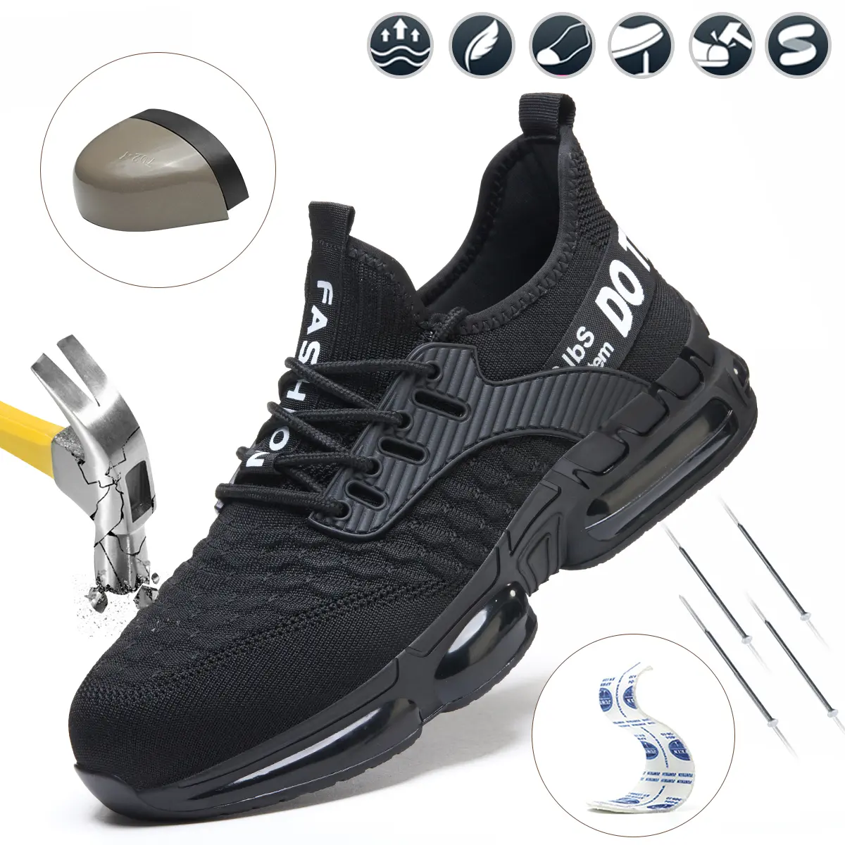 Men’s lace-up low-top safety shoes with puncture and crush protection; casual, comfortable, breathable mesh work shoes suitable for outdoor construction sites; lightweight steel-toe shoes / all-weather outdoor work shoes.